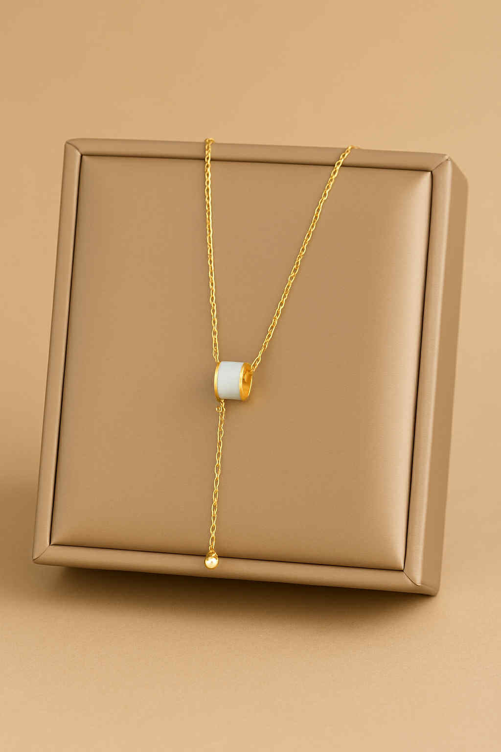 Gold Lariat Necklace With Translucent White Barrel Pendant