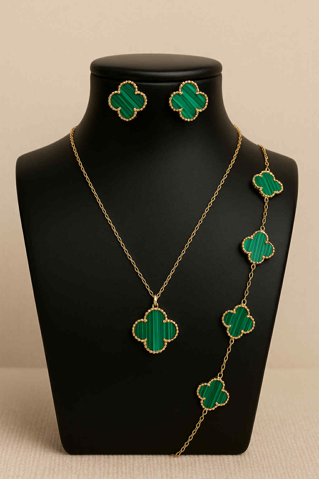Green Clover Jewelry Set-Necklace, Bracelet, and Earrings