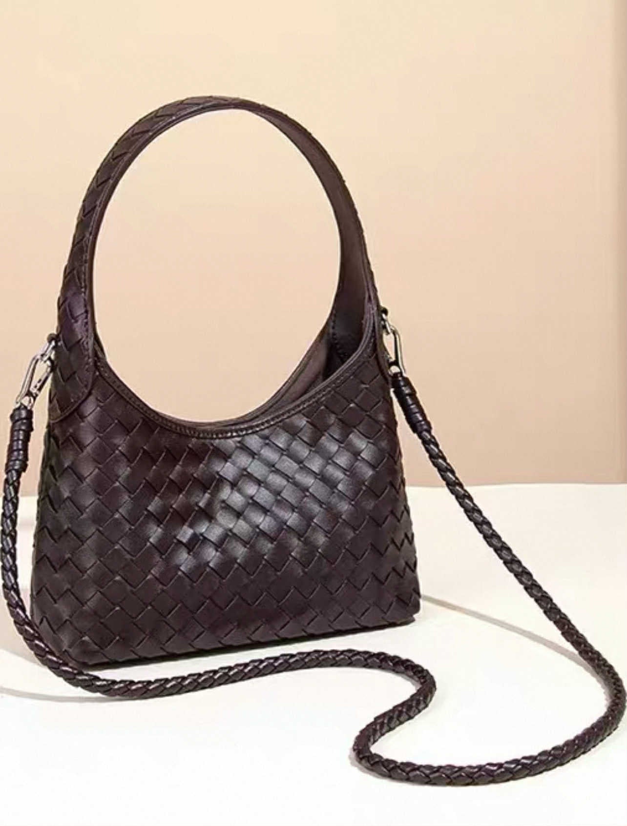 Brown Woven Shoulder Bag – Faux Leather, Detachable Strap