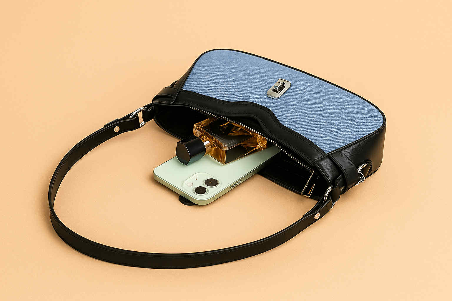 Denim and Faux Leather Baguette Shoulder Bag