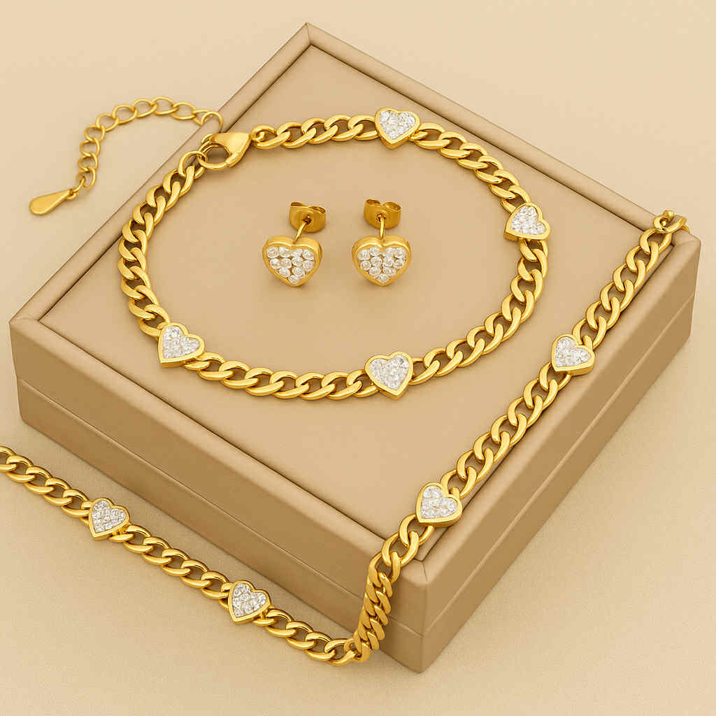 Gold Heart Jewelry Set-Necklace,Bracelet, and Earrings