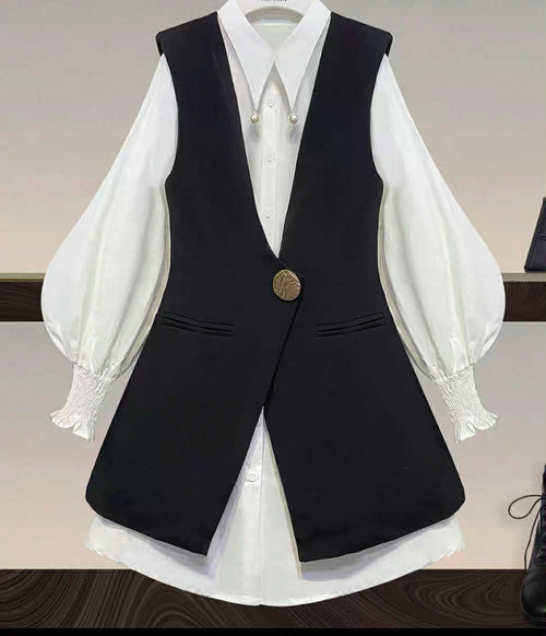 Black & White Contrast Shirt Dress with Vest