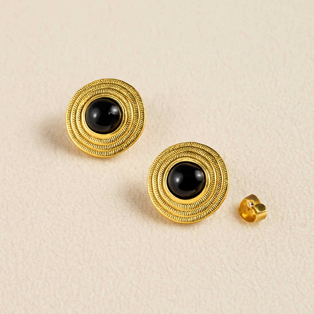 Gold Circle Earrings- Black stone Center