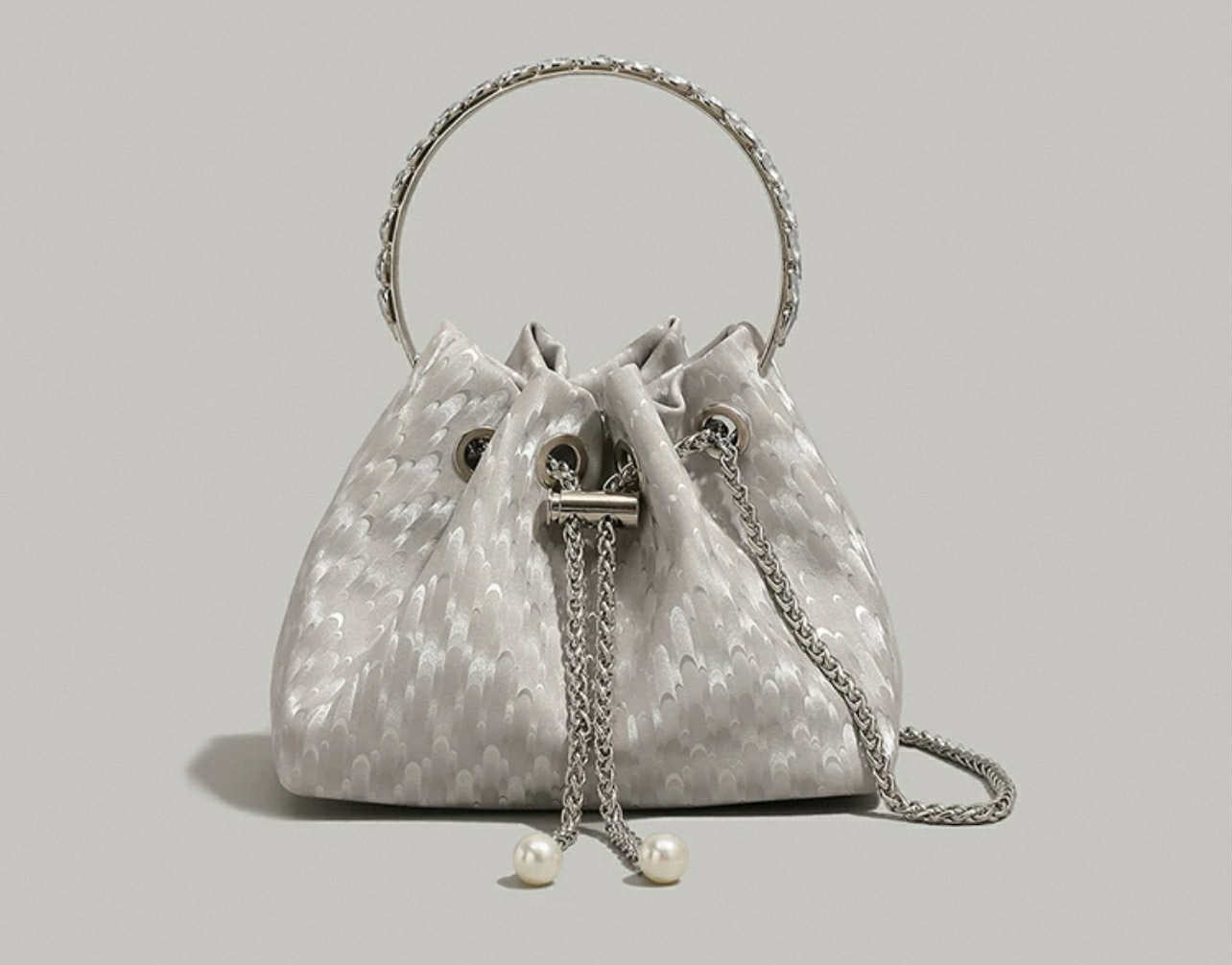 Silver Satin Mini Bag with Pearl Detail