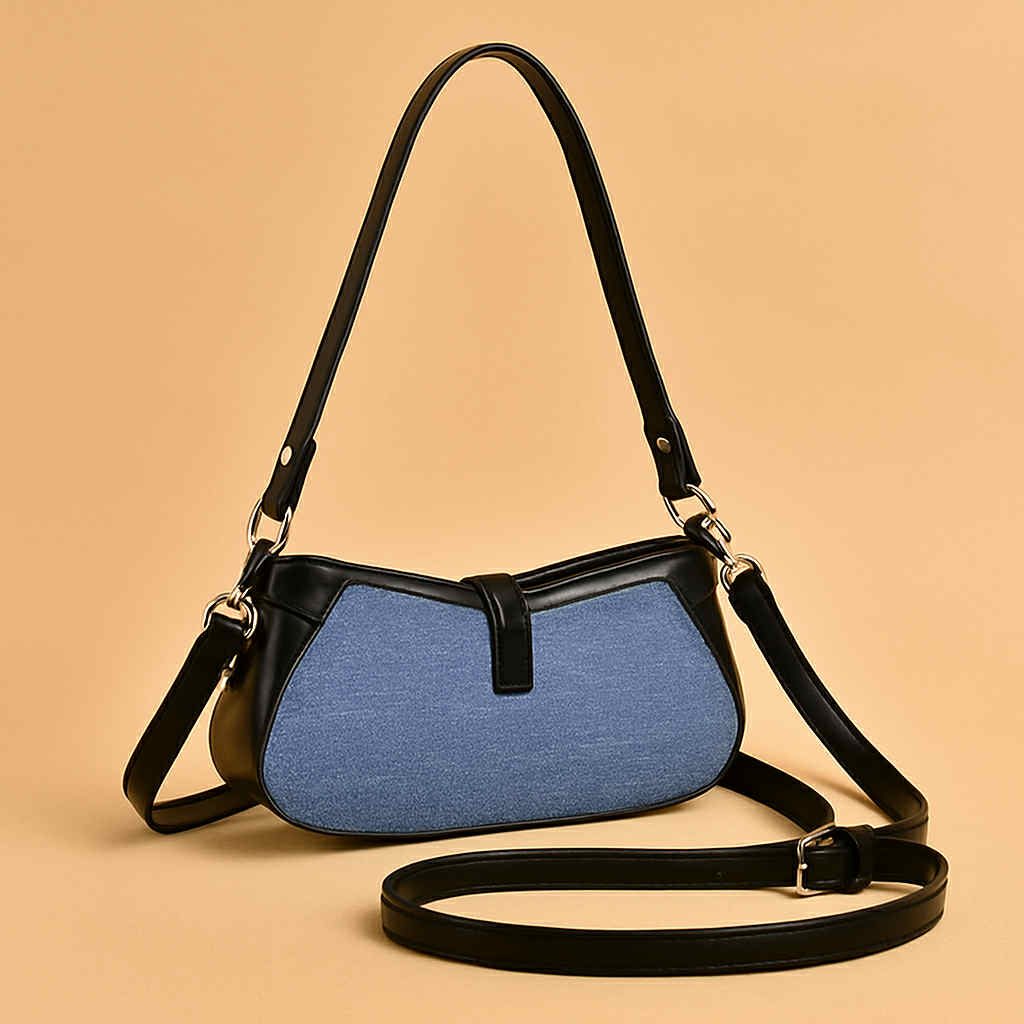 Denim and Faux Leather Baguette Shoulder Bag