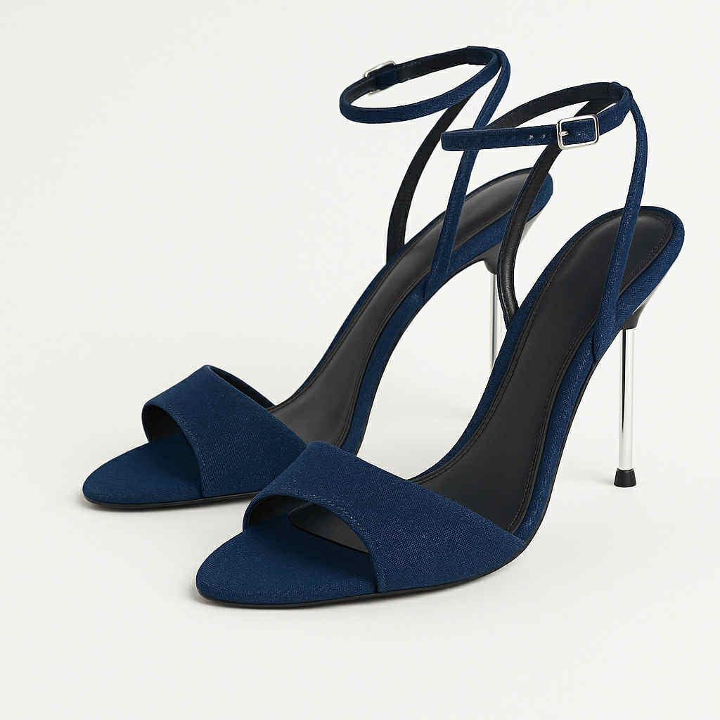 KL Denim Heeled Sandals with Metallic Stiletto