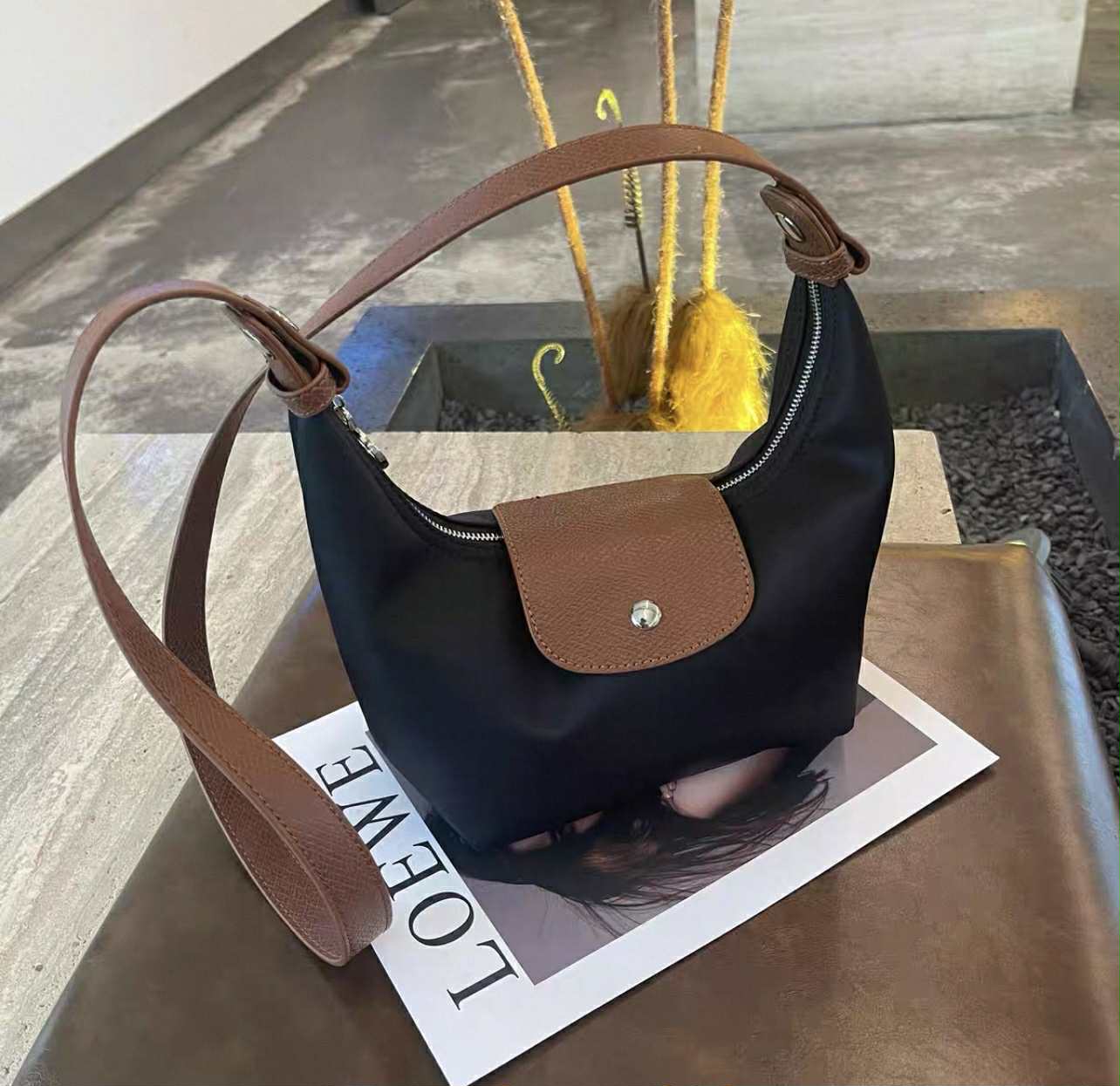 Black Nylon Hobo Bag with Brown Flap