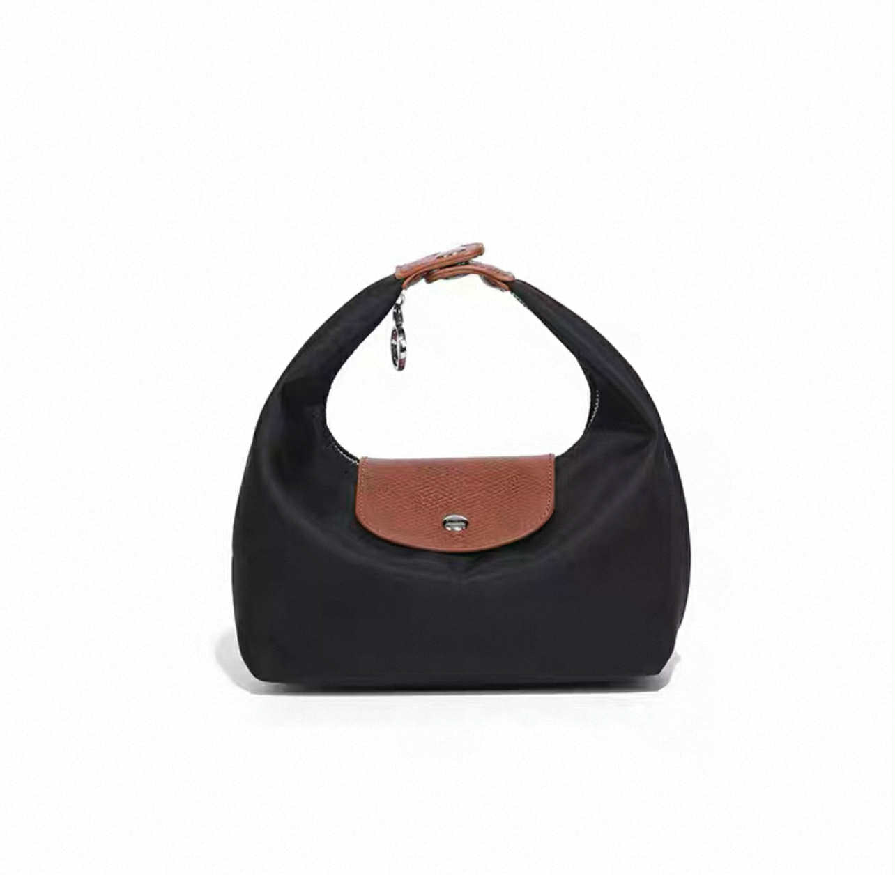 Black Nylon Hobo Bag with Brown Flap