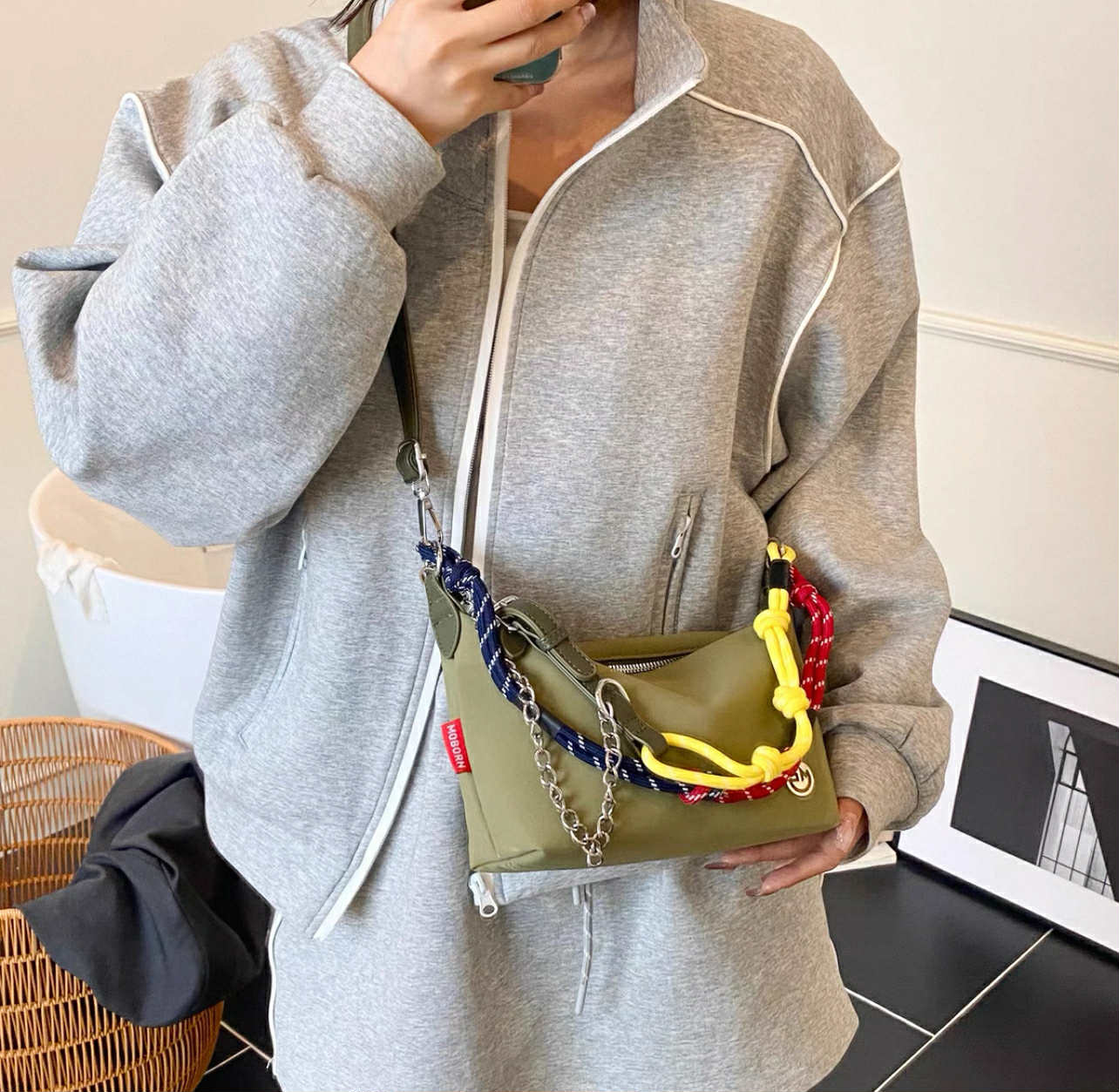 Olive Green Shoulder Bag with Multicolour Strap