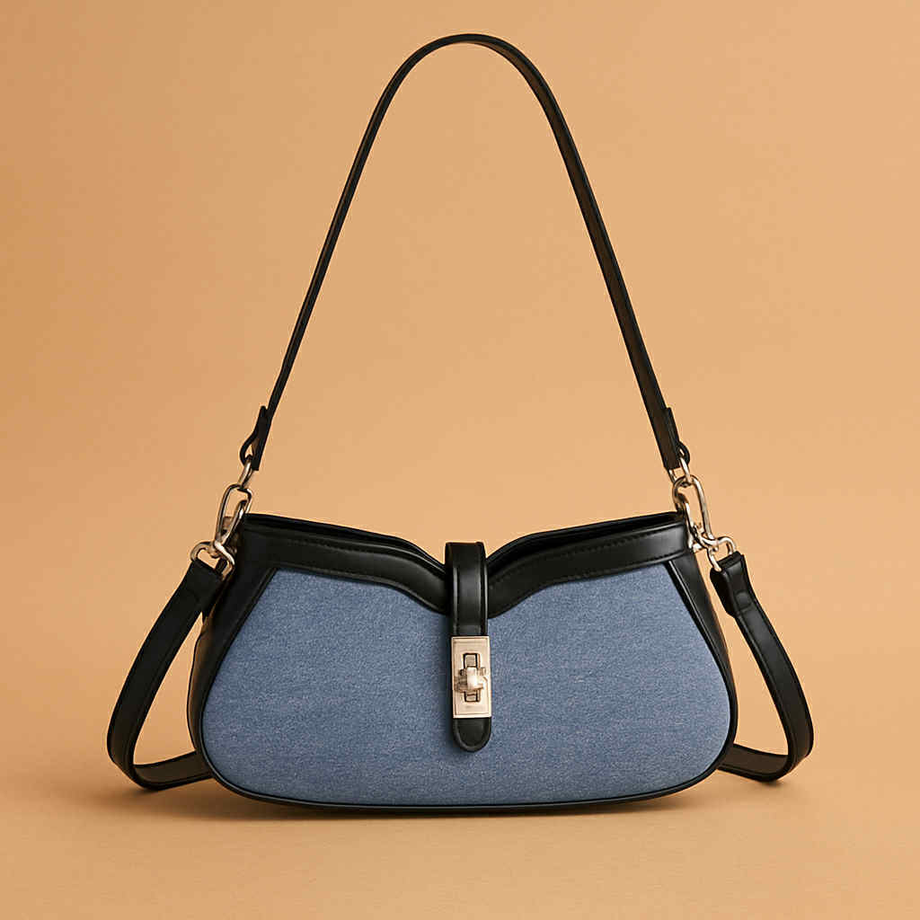 Denim and Faux Leather Baguette Shoulder Bag