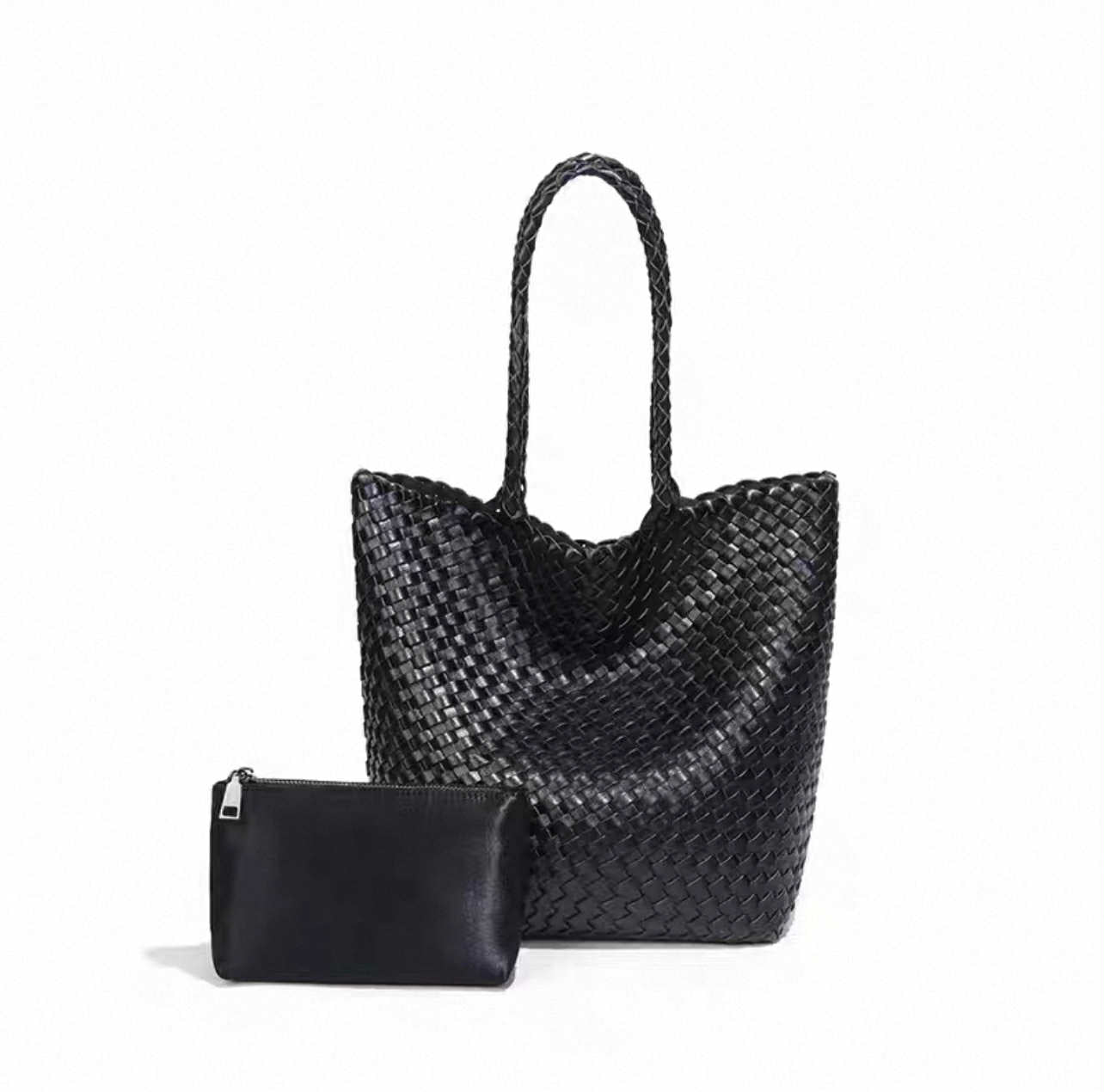Black Woven Tote Bag with Matching Pouch
