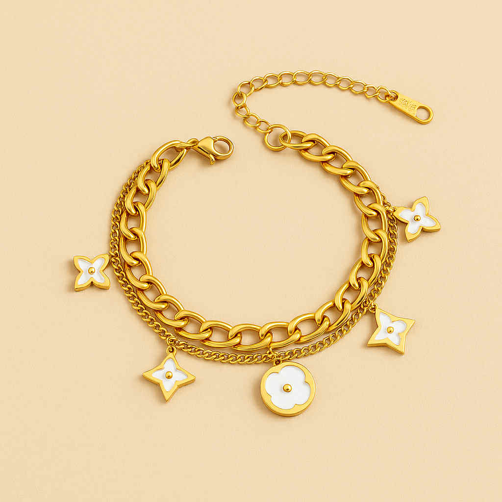 Gold Chain Bracelet with White Floral Charms