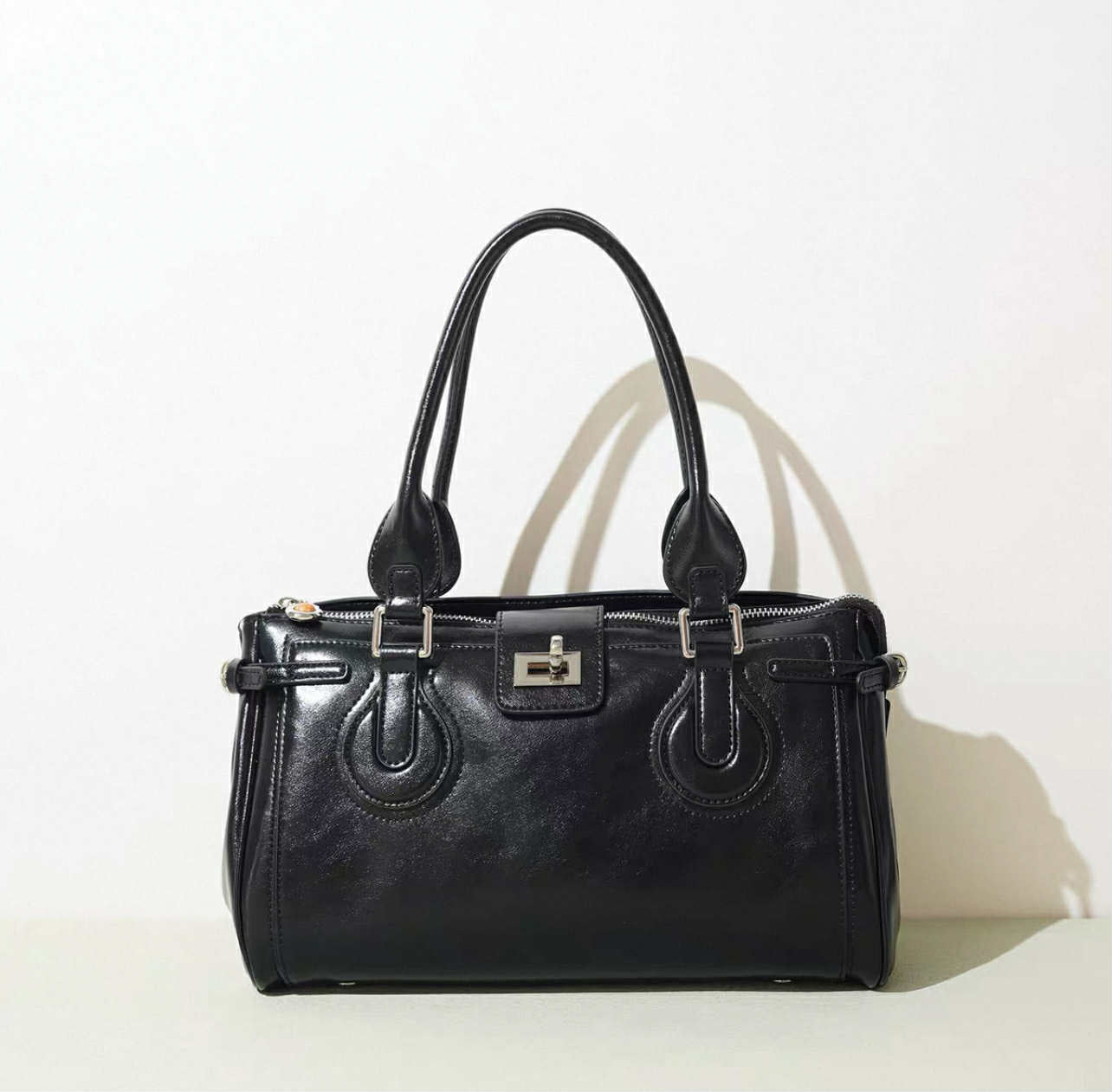 Black Patent Leather Structured Bag
