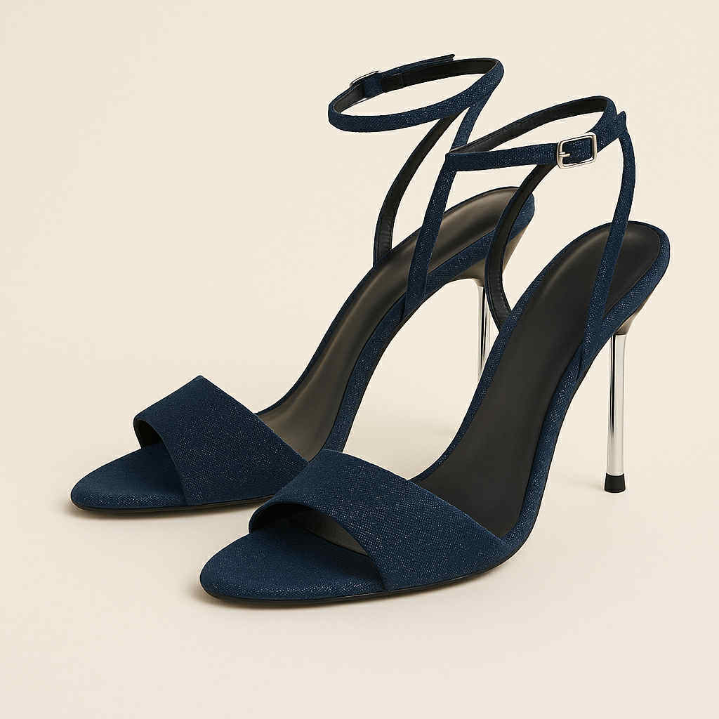 KL Denim Heeled Sandals with Metallic Stiletto