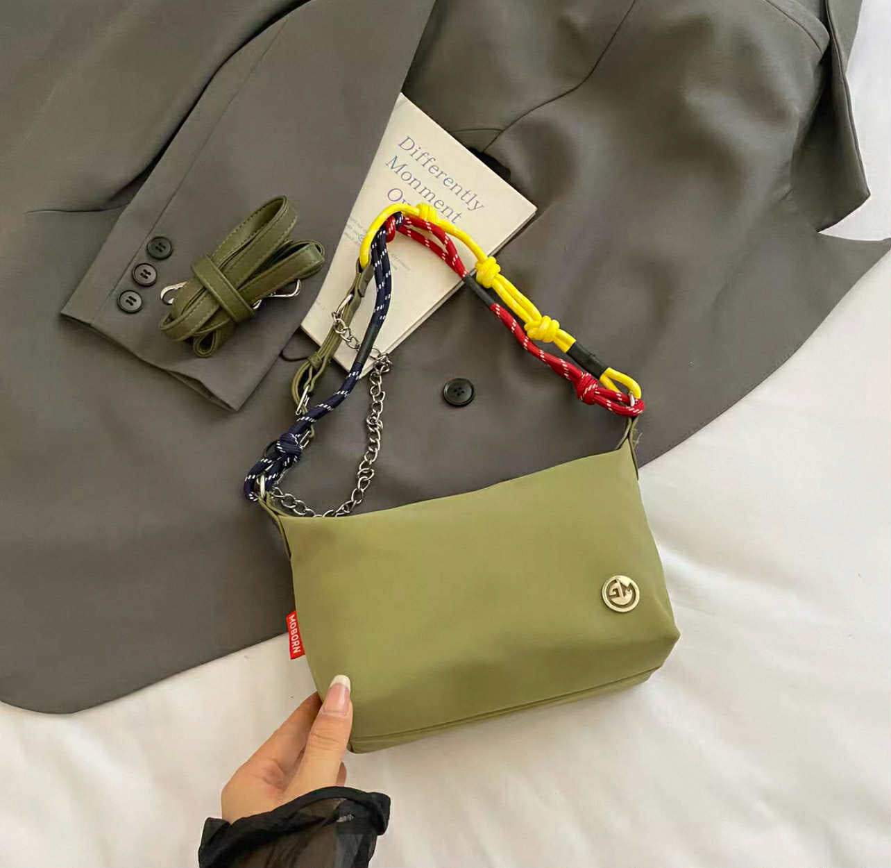 Olive Green Shoulder Bag with Multicolour Strap