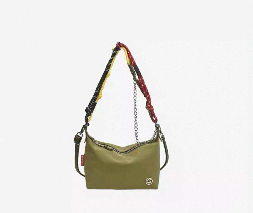 Olive Green Shoulder Bag with Multicolour Strap
