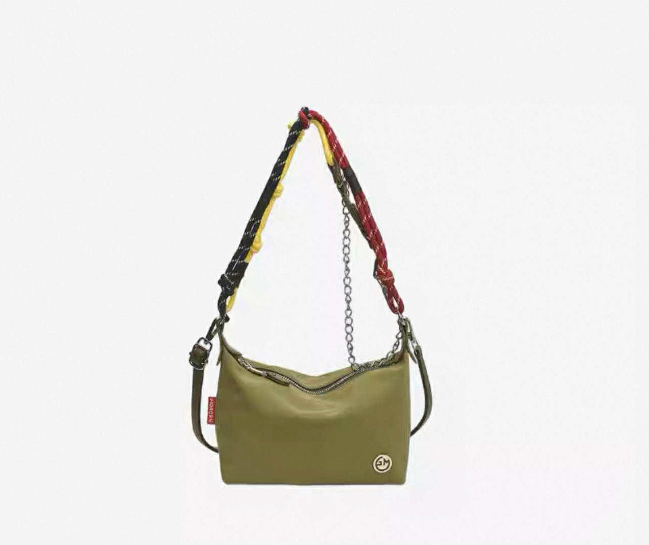 Olive Green Shoulder Bag with Multicolour Strap