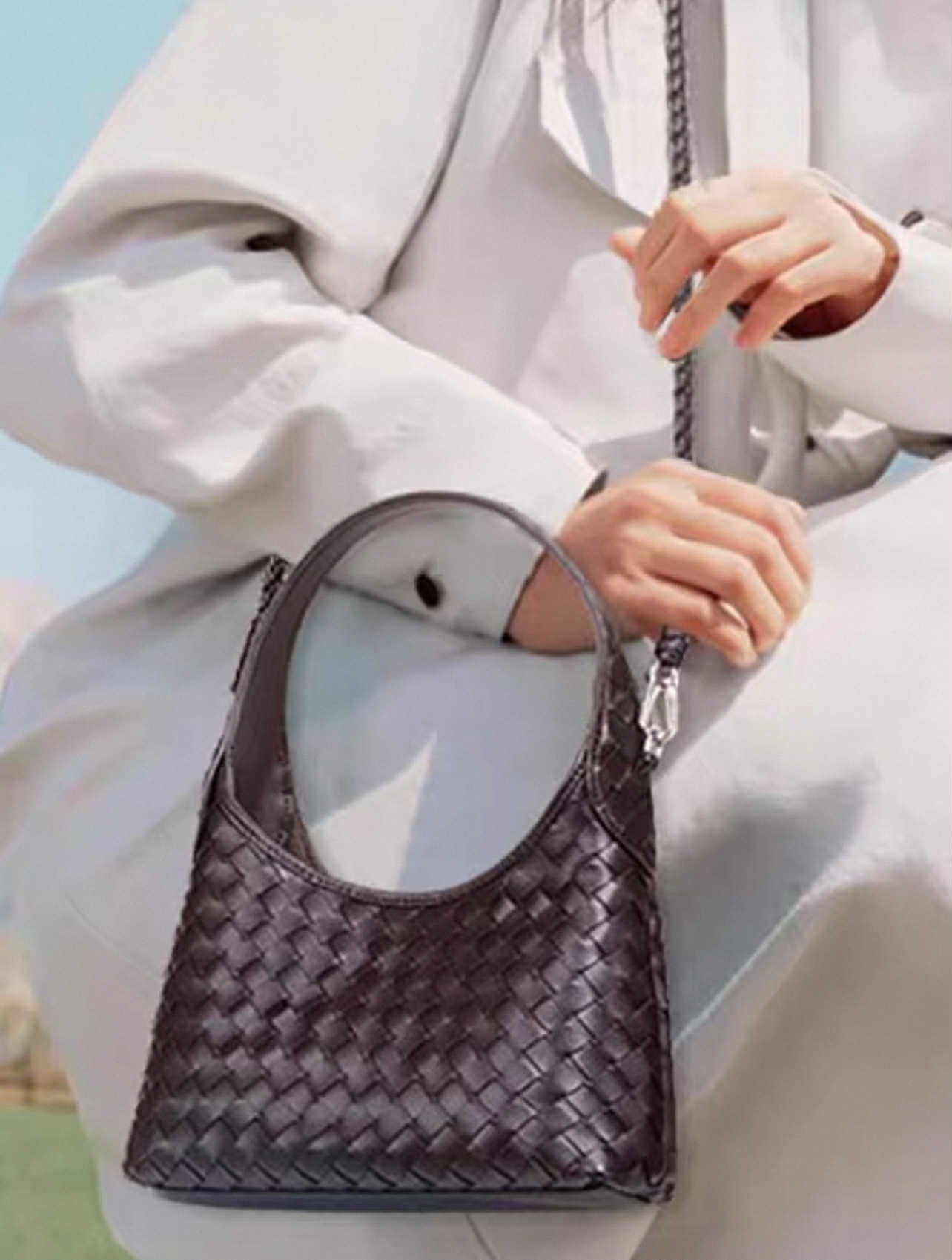 Brown Woven Shoulder Bag – Faux Leather, Detachable Strap