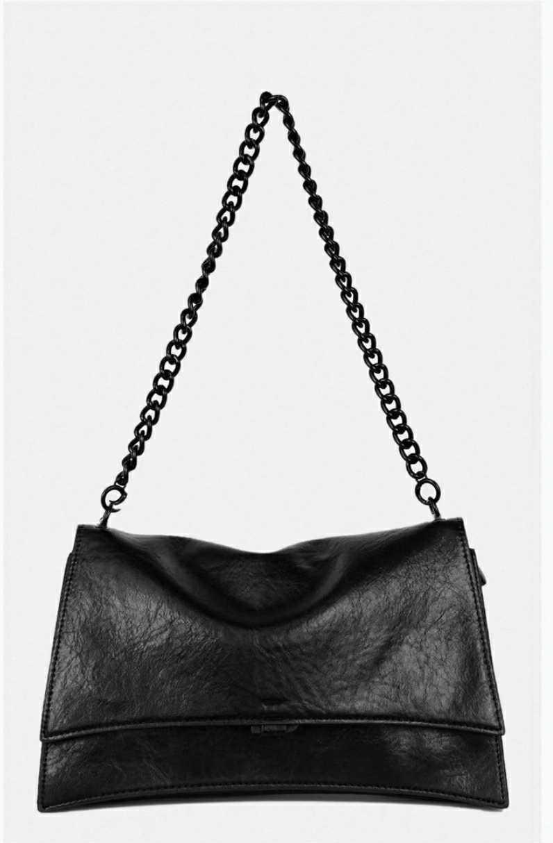 Black Minimalist Chain Bag – Faux Leather, Fold-Over Design